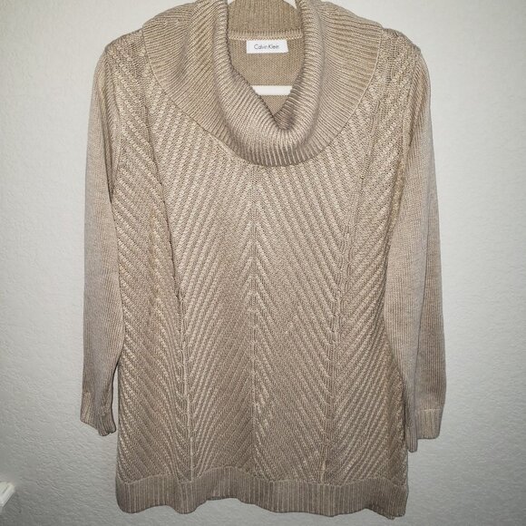 Calvin Klein Cowl Neck Sweater SZ L Chunky Knit Design Neutral Color Designer - Picture 1 of 5